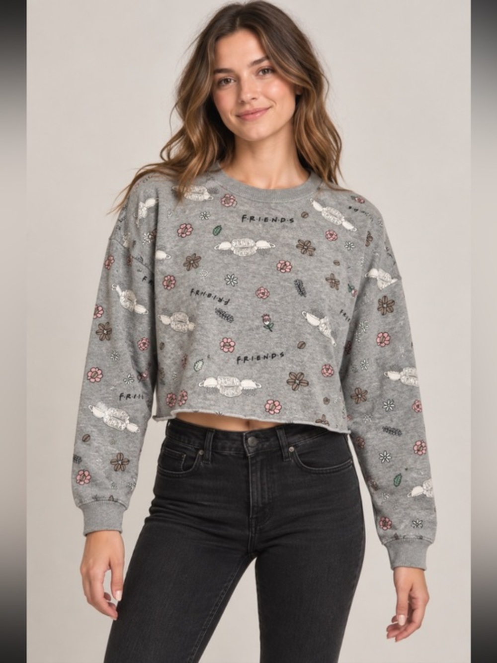 Friends TV Show Gray Allover Print Cropped Sweatshirt Size Medium